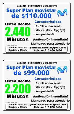 Plan  Movistar  Comerciantes 2440 minutos por $110 bogota, colombia