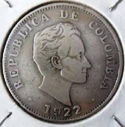 MONEDA COLOMBIA 50 CENTAVOS 1922-PLATA ERROR  Medellin, Colombia